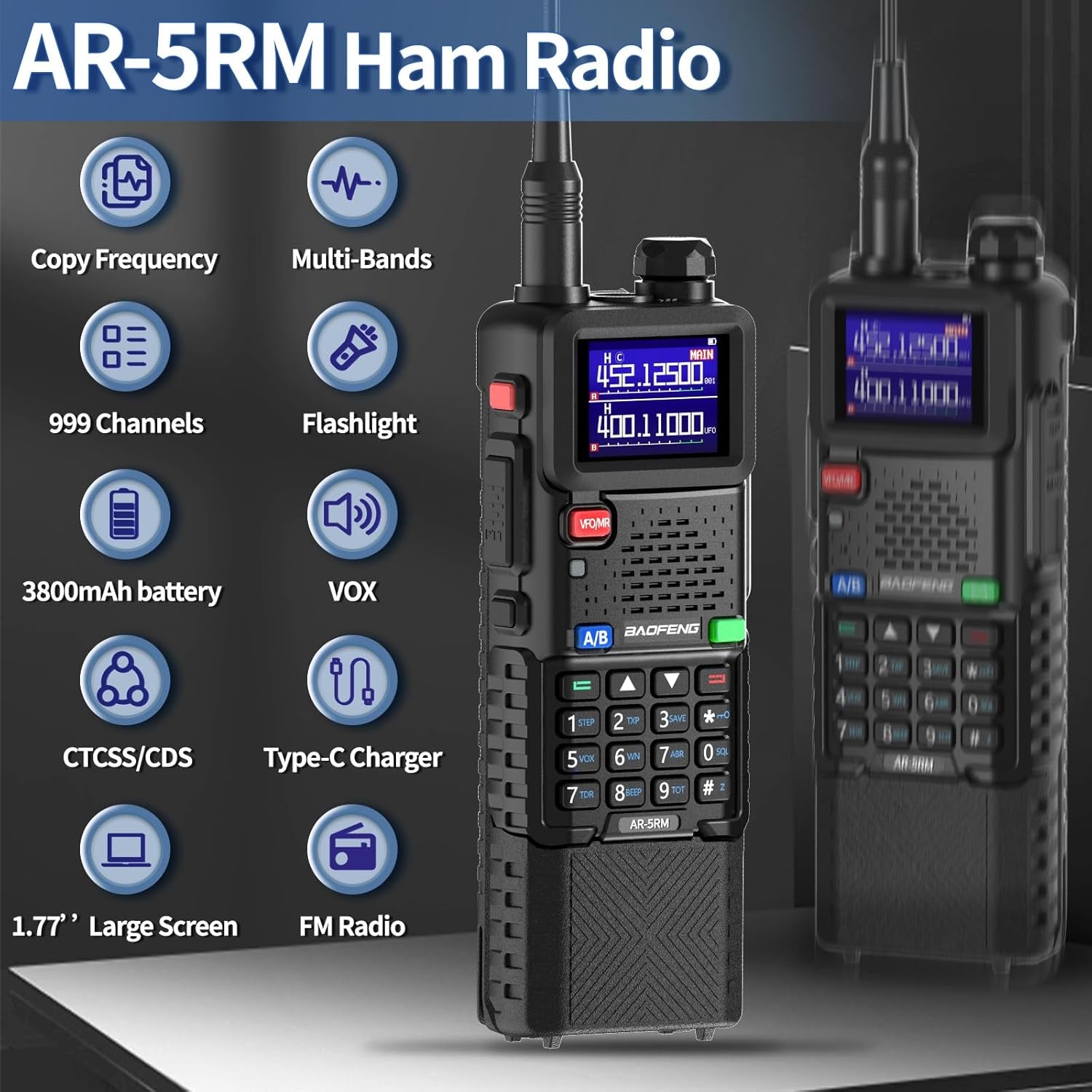 AR-5RM Radio 10W Ham Radio Long Range 5RM Handheld Two Way Radio NOAA Weather Receiver Rechargeable Long Range Walkie Talkies Copy Frequency 999CH with Type-C Charging 3800Mah Battery