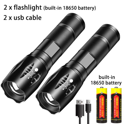 Powerful LED Flashlight Aluminum Alloy Portable Torch USB Rechargeable Outdoor Camping Tactical Flash Light