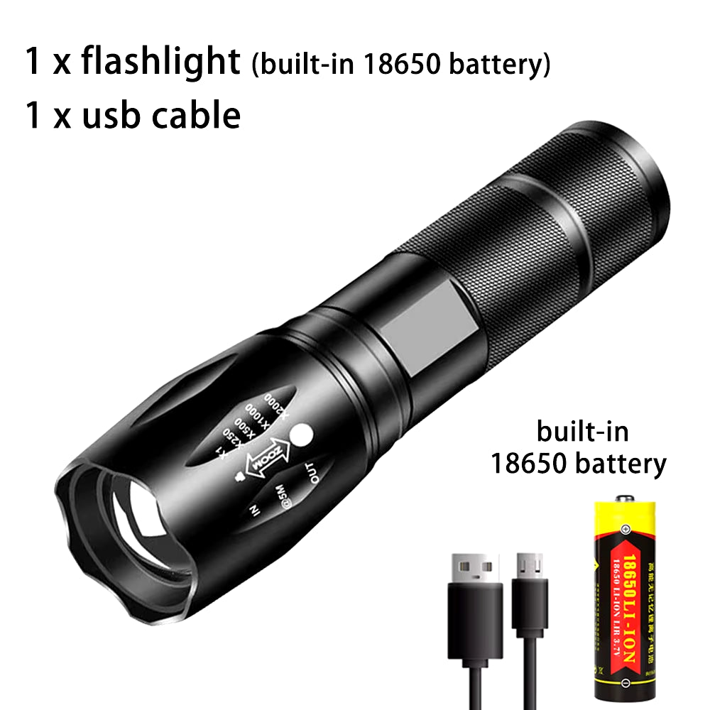 Powerful LED Flashlight Aluminum Alloy Portable Torch USB Rechargeable Outdoor Camping Tactical Flash Light