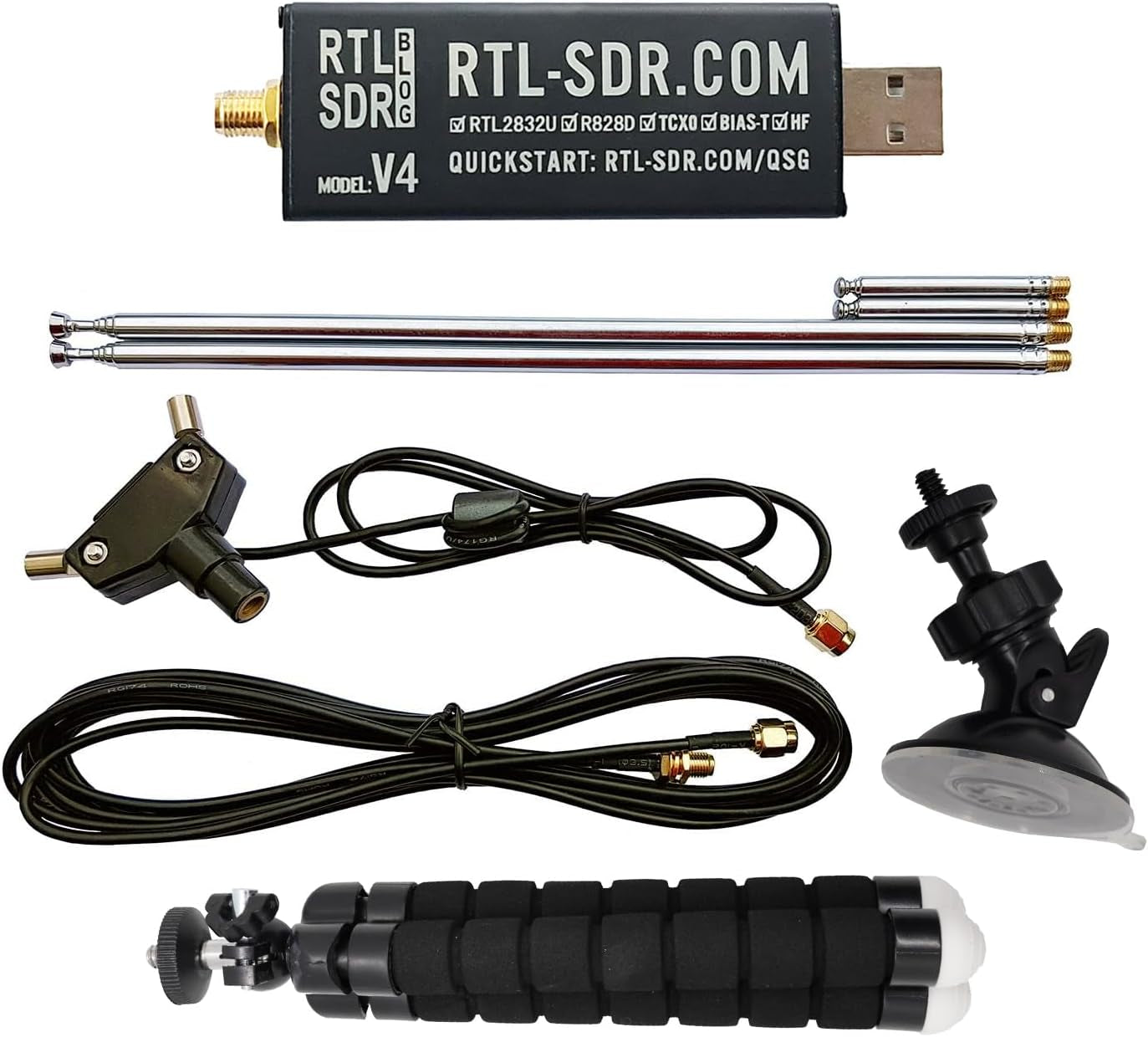 V4 R828D RTL2832U 1PPM TCXO HF Bias Tee SMA Software Defined Radio with Dipole Antenna Kit, RTLSDR_V4_WITH_ANTENNA