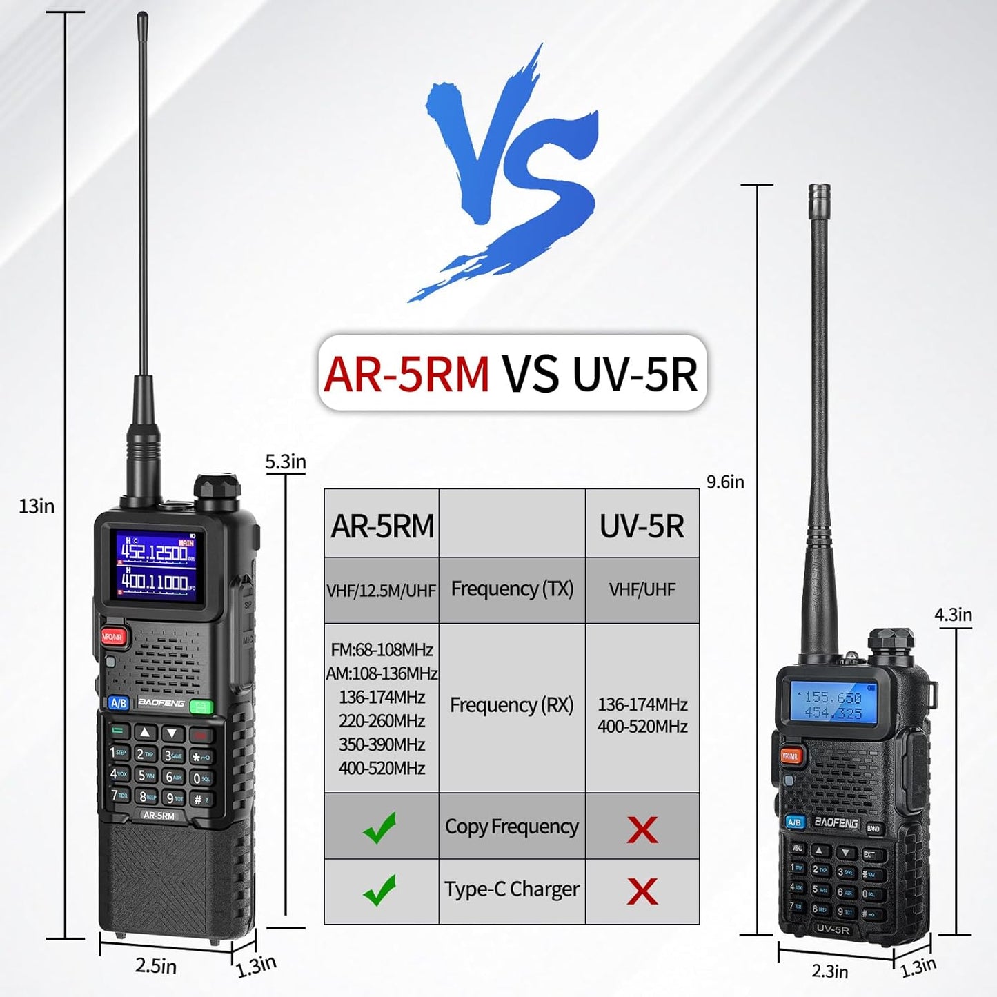 AR-5RM Radio 10W Ham Radio Long Range 5RM Handheld Two Way Radio NOAA Weather Receiver Rechargeable Long Range Walkie Talkies Copy Frequency 999CH with Type-C Charging 3800Mah Battery