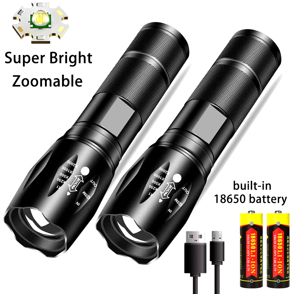 Powerful LED Flashlight Aluminum Alloy Portable Torch USB Rechargeable Outdoor Camping Tactical Flash Light